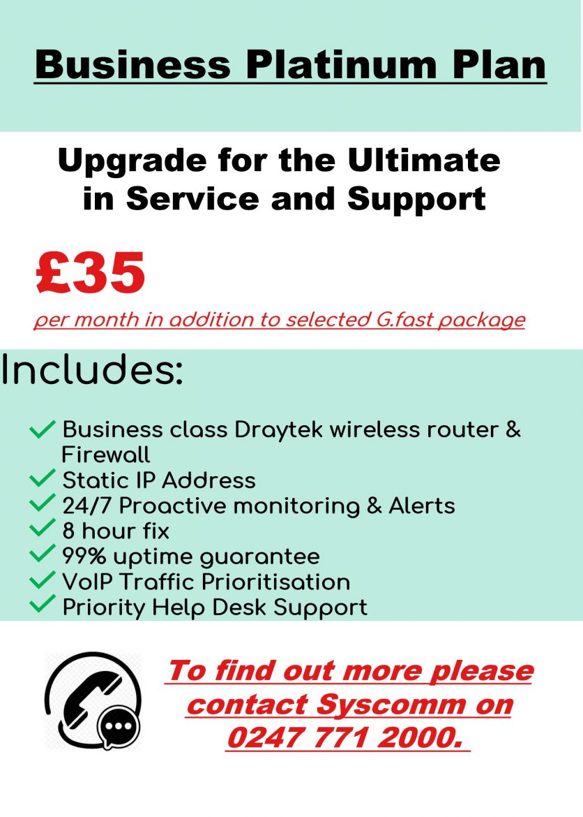 Business Platinum Plan Upgrade for G.fast at £35/month outlining additional benefits for this service