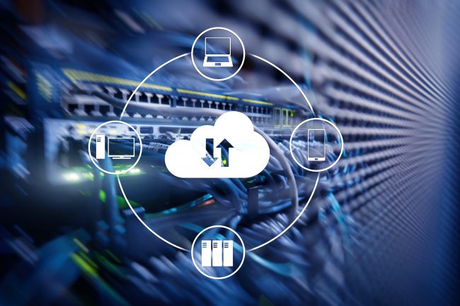 view of a switch in a server room.  image of a cloud with up and down arrows illustrating the data flows between the cloud, la;ptops, servers, pcs, and mobile phones.  