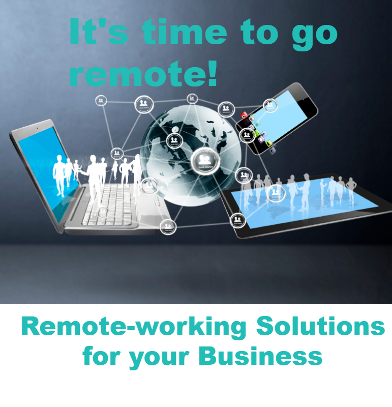 Image of an open laptop with a stylised globe, phone, people and network points. Caption reads Remote Working Solutions for Your Business, reinforcing Syscomm's ability to help businesses transition their employees to remote working