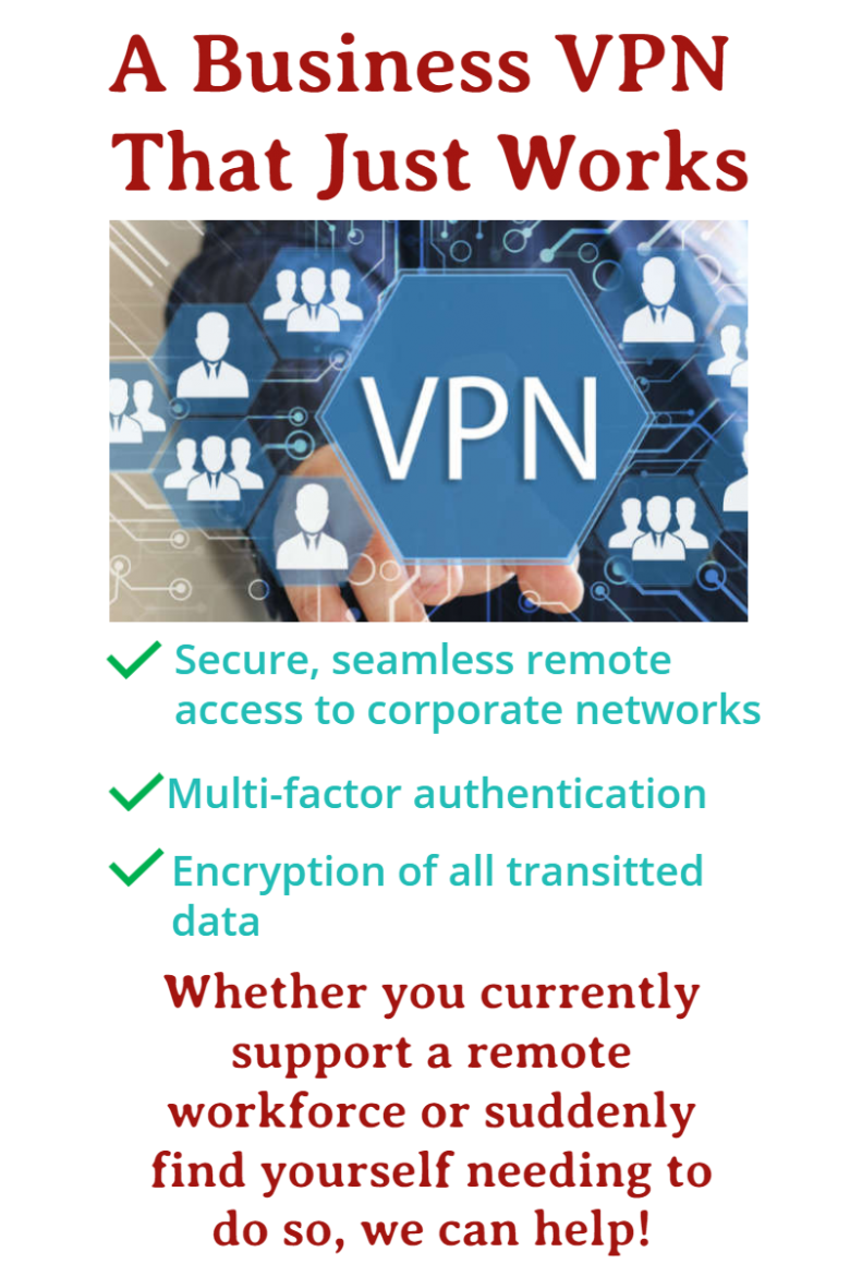 Image with VPN written in a hexagon shaped box. Text headline is A Business VPN That Just Works