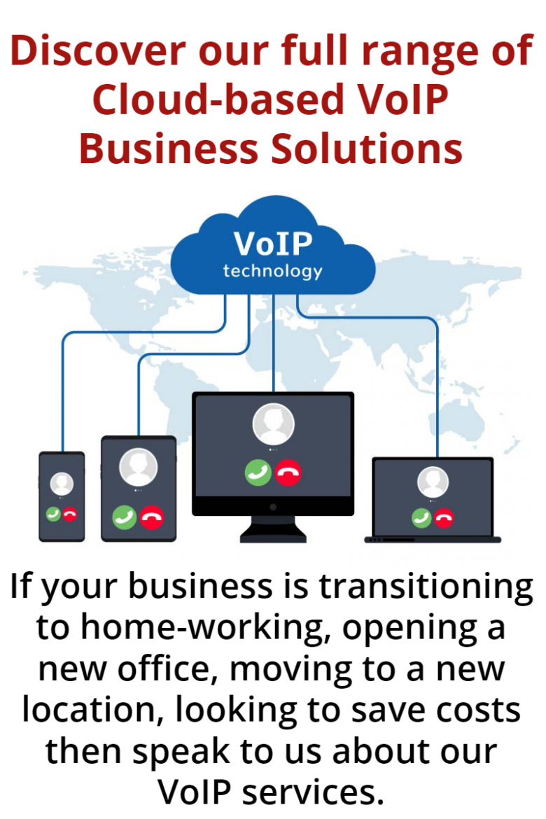 Image shows Voice over IP technology that Syscomm can supply - office phone, computer and laptop connected by IP services