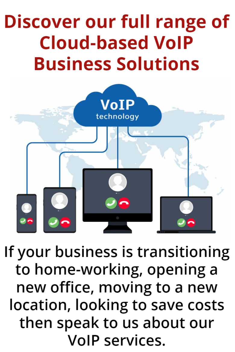 Image shows Voice over IP technology that Syscomm can supply - office phone, computer and laptop connected by IP services