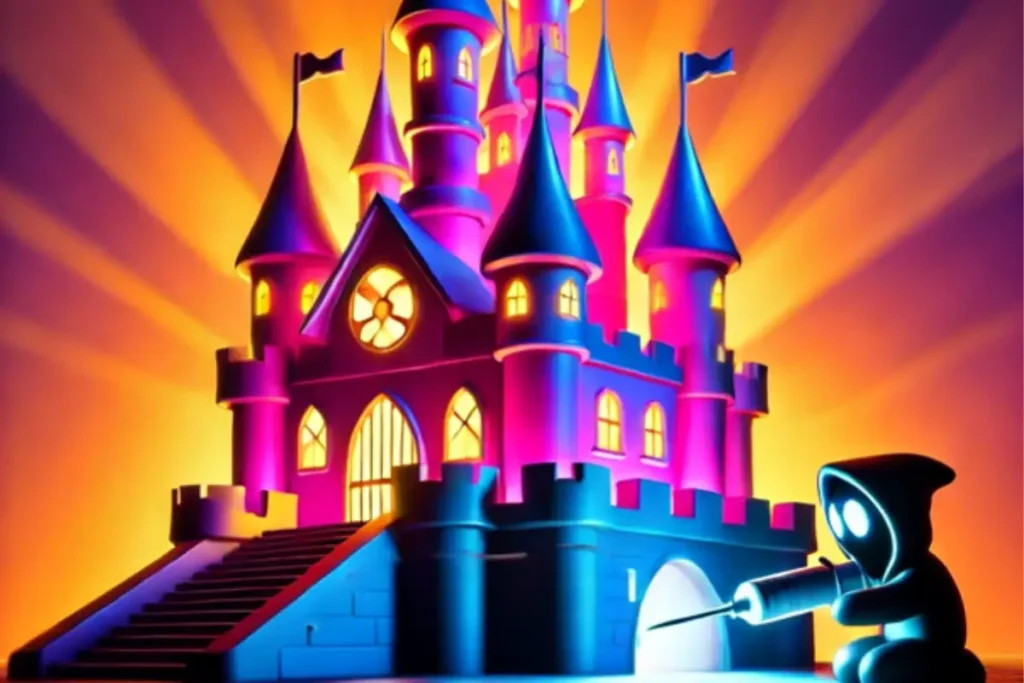 Hooded figure attempting to breach a brightly illuminated castle with a screwdriver