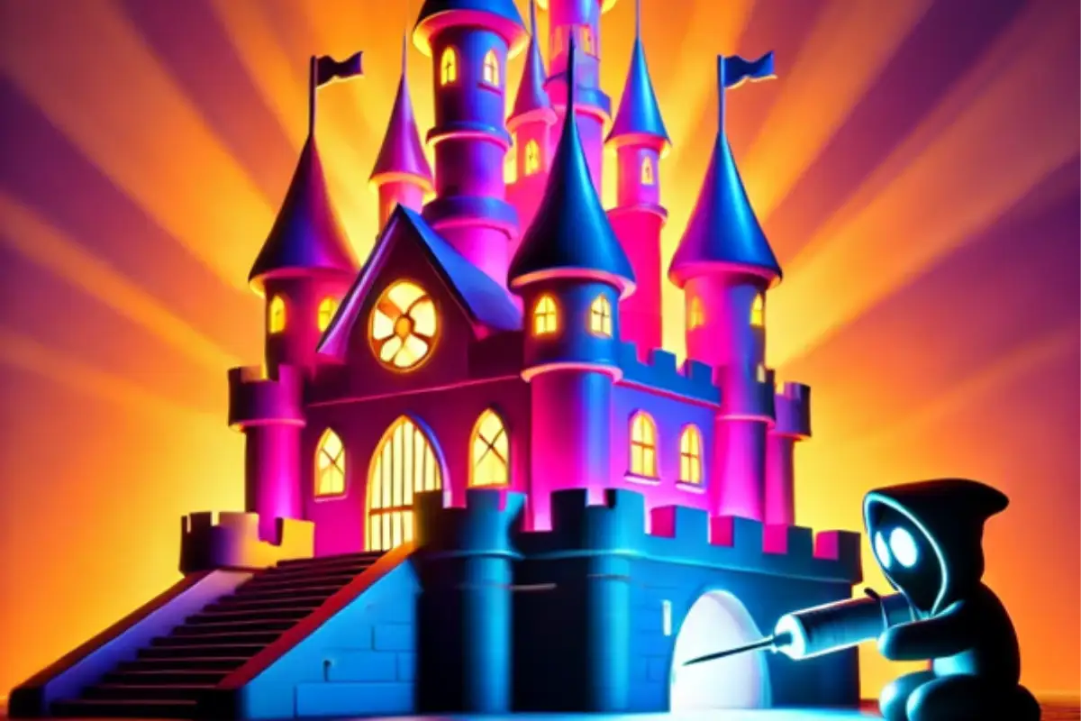 Hooded figure attempting to breach a brightly illuminated castle with a screwdriver