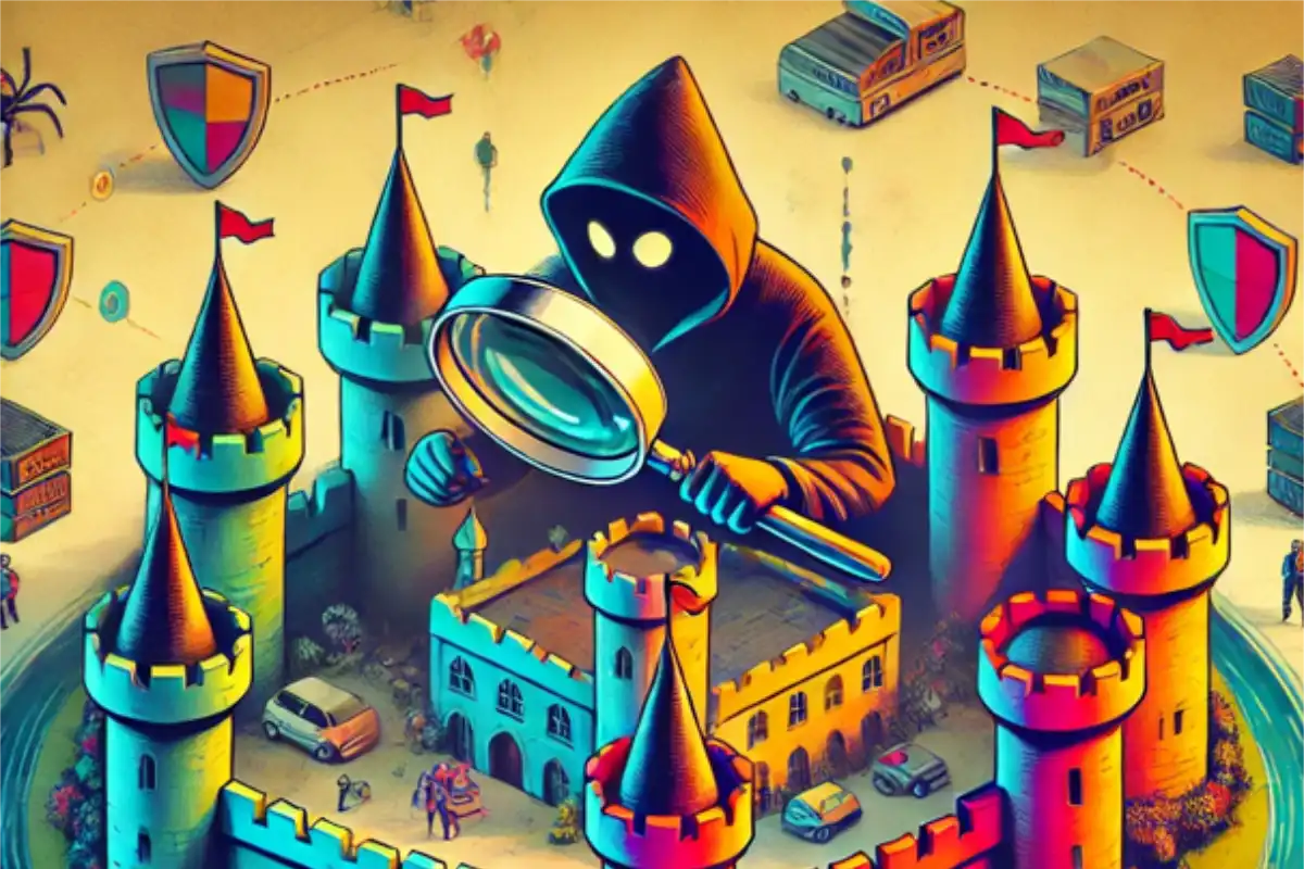 figure with a magnifying glass examining a detailed castle, symbolizing cybersecurity vigilance and threat detection
