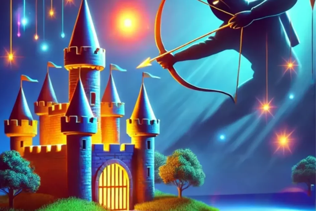 giant hooded figure aiming an arrow at a glowing castle, symbolizing targeted cybersecurity attacks