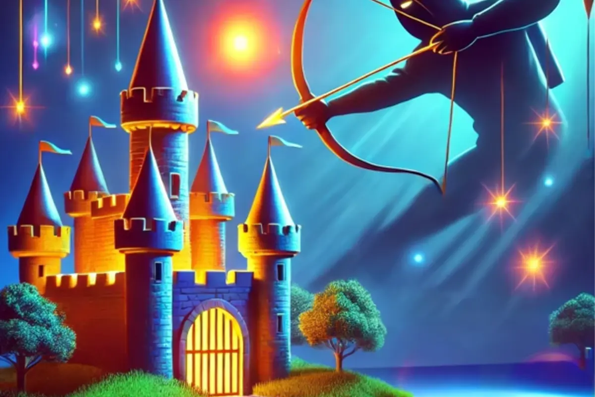 giant hooded figure aiming an arrow at a glowing castle, symbolizing targeted cybersecurity attacks