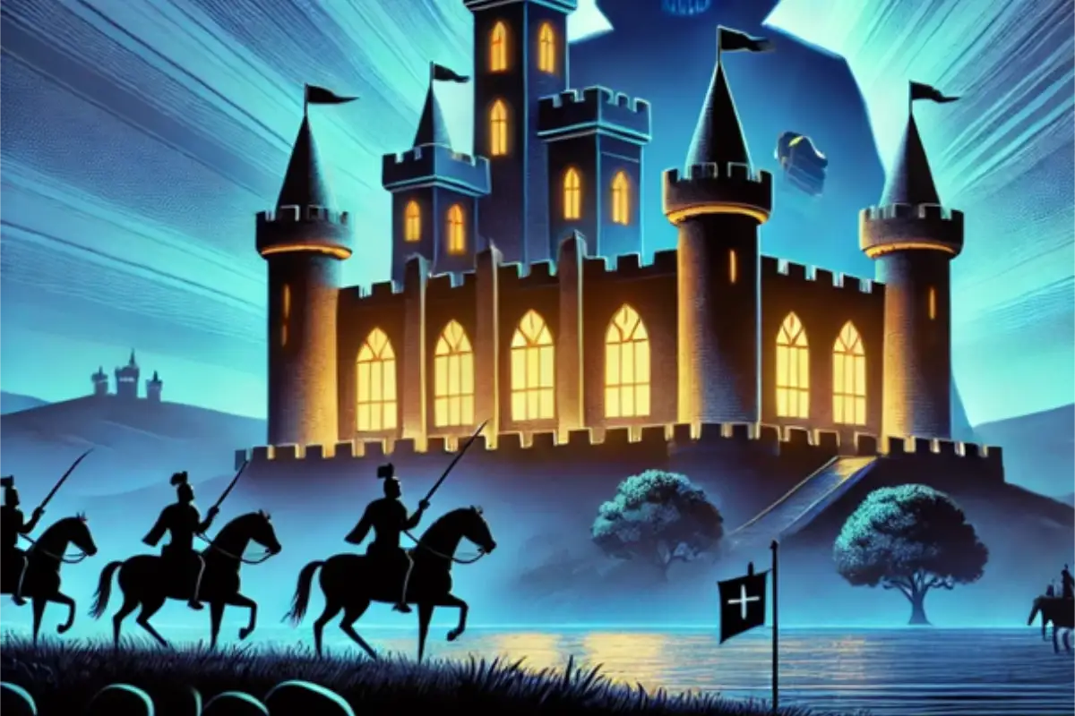 shadowy knights approaching a castle guarded by a towering hooded figure
