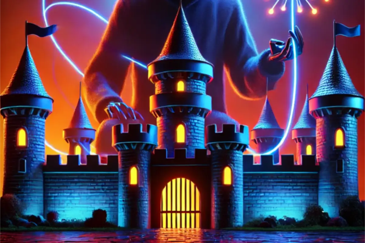 A vibrant fantasy scene of a glowing, mystical figure looming behind a fortified castle