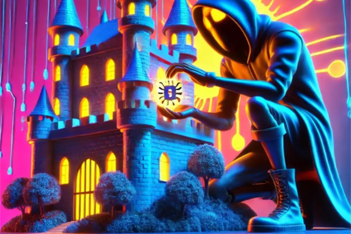 Illustration of a hooded figure placing a glowing cyber bug onto a castle