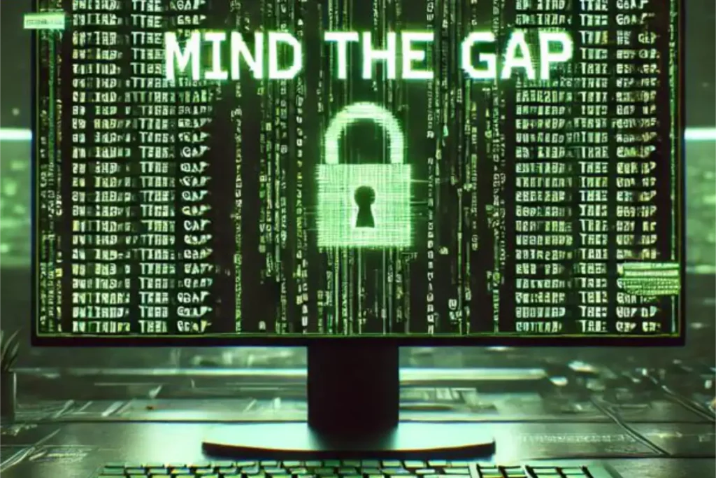 Cybersecurity-themed computer screen displaying 'Mind the Gap' with a padlock icon