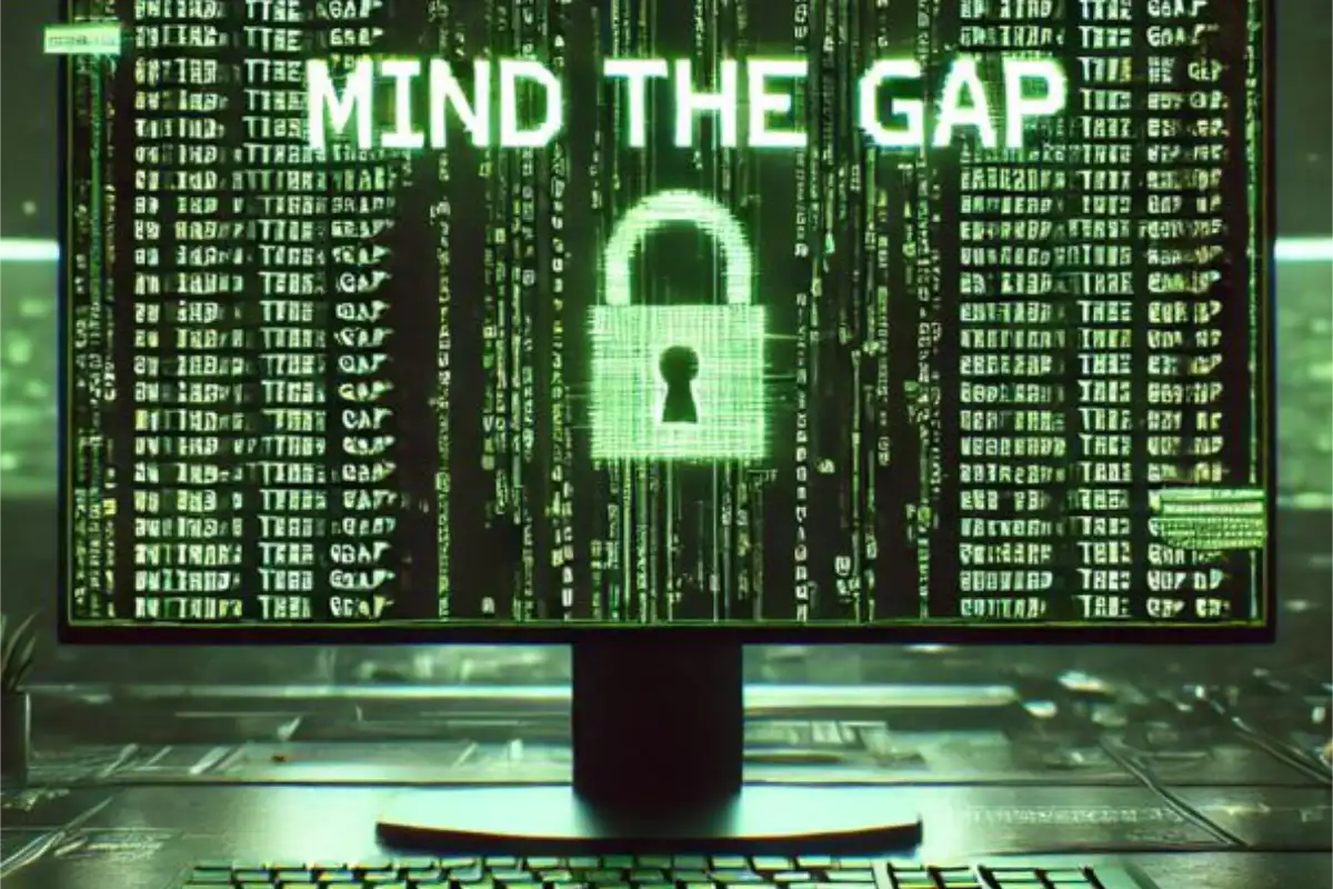 Cybersecurity-themed computer screen displaying 'Mind the Gap' with a padlock icon