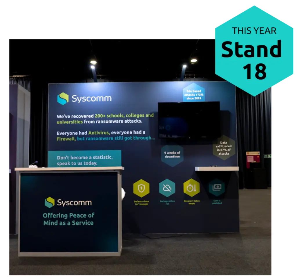 Syscomm stand from last year, returning to Jisc Security Conference 2026 on Stand 18