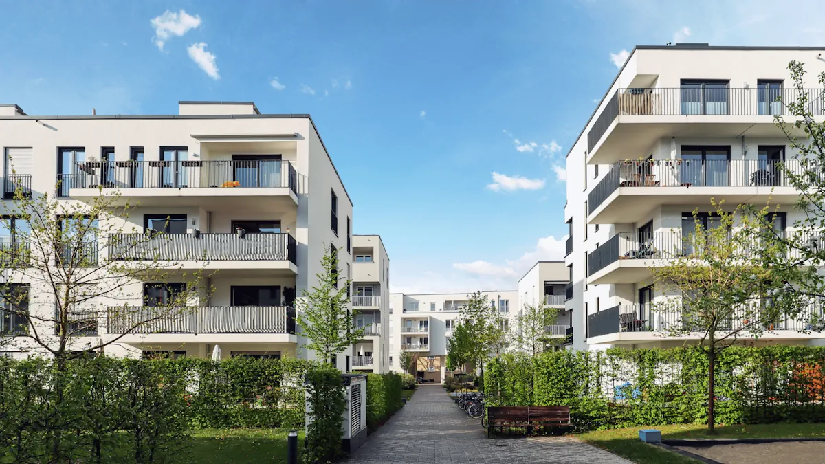 Modern apartment and office development with a landscaped walkway