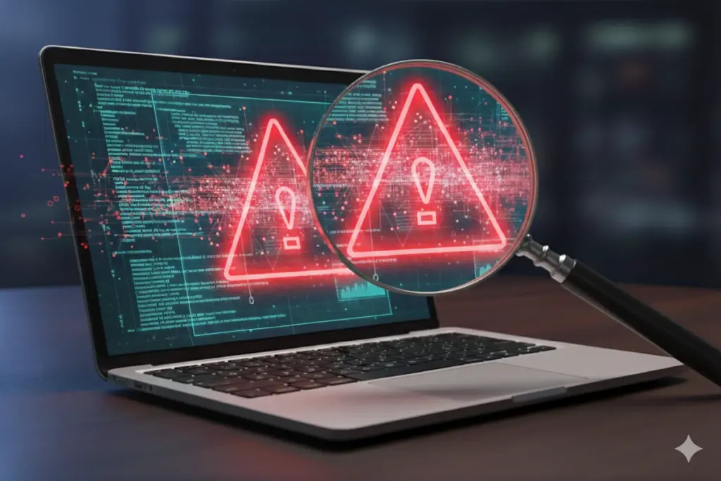 Magnifying glass over a laptop screen showing glowing red warning symbols and lines of code