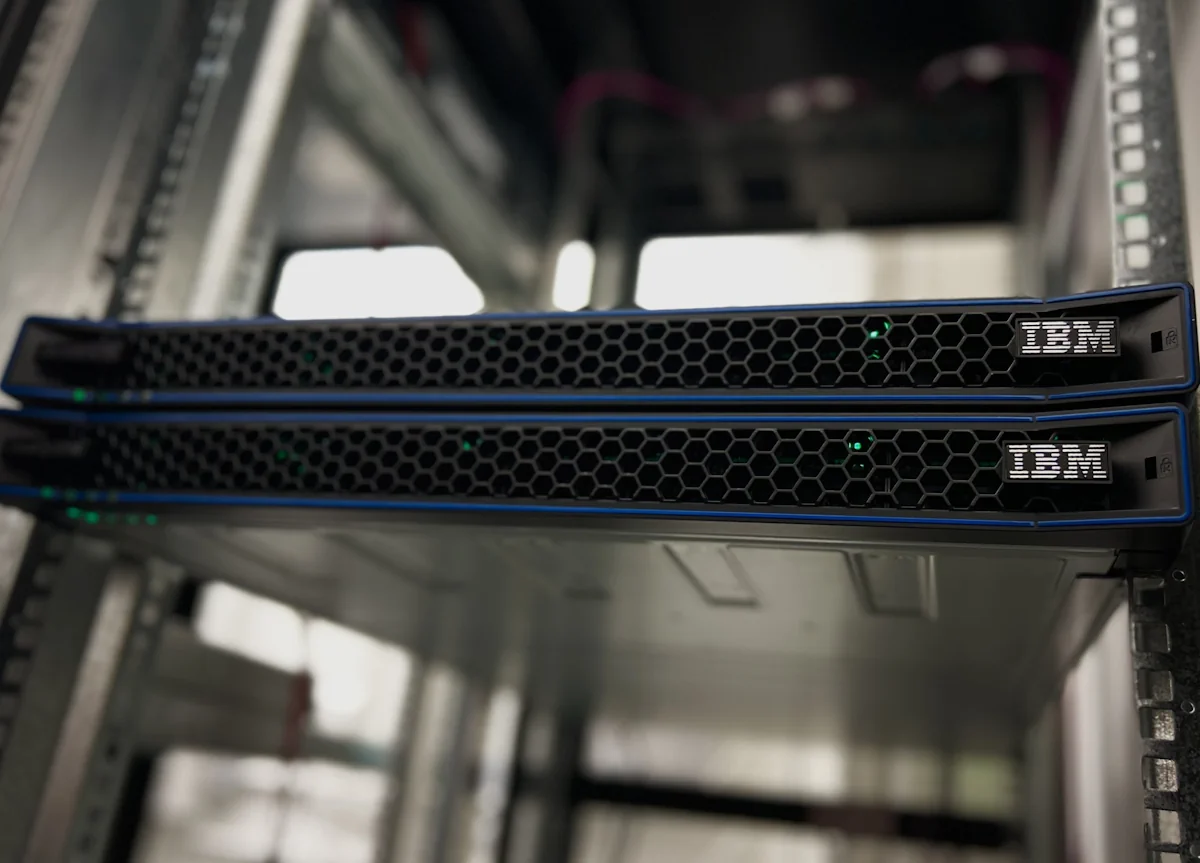 IBM server units mounted in a data centre rack