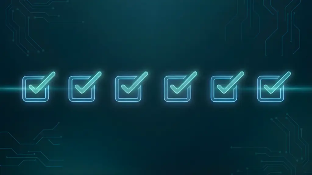 Six glowing ticked checkboxes in a row on a dark circuit board background