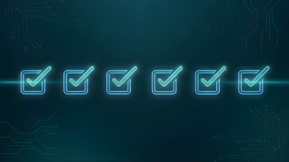 Six glowing ticked checkboxes in a row on a dark circuit board background