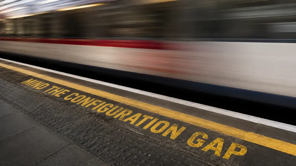 Train passing a station platform with the words mind the configuration gap painted on the edge
