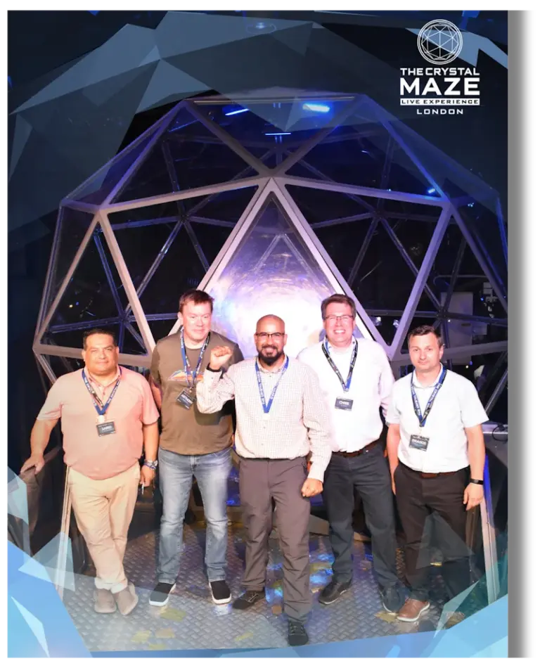 Winning team in front of the Crystal Dome at The Crystal Maze Live Experience London