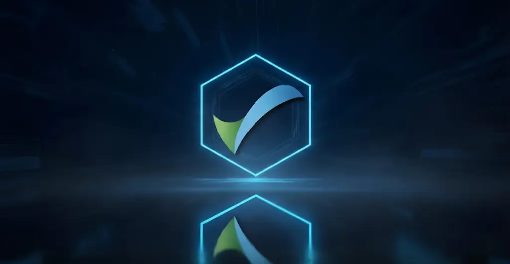 Blue and green tick inside a glowing hexagon, reflected on a dark surface