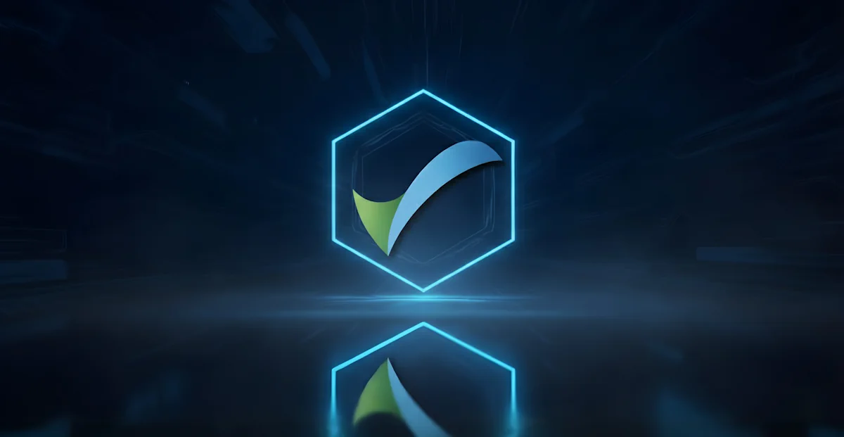 Blue and green tick inside a glowing hexagon, reflected on a dark surface