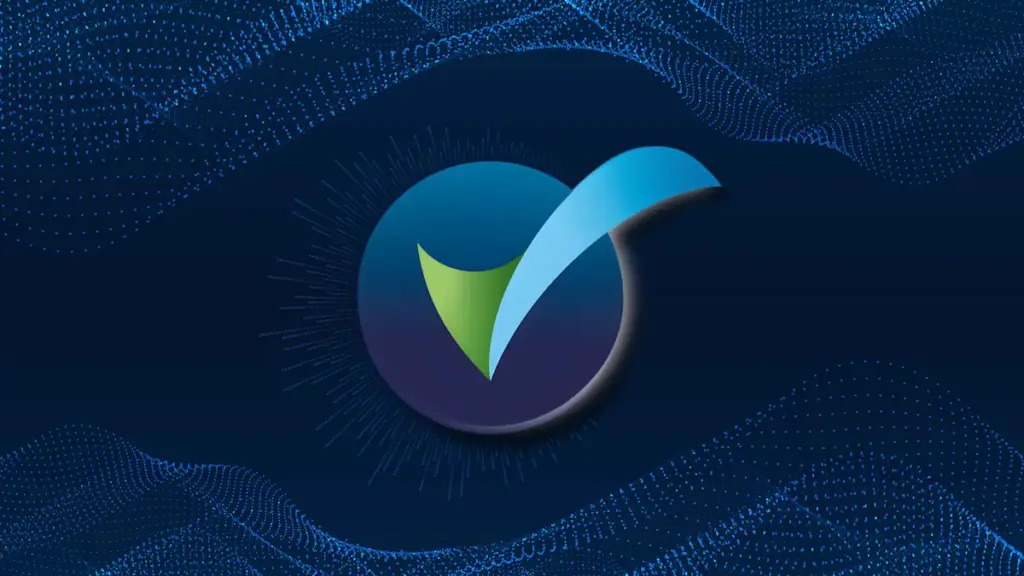 Blue and green tick logo surrounded by flowing blue digital particles