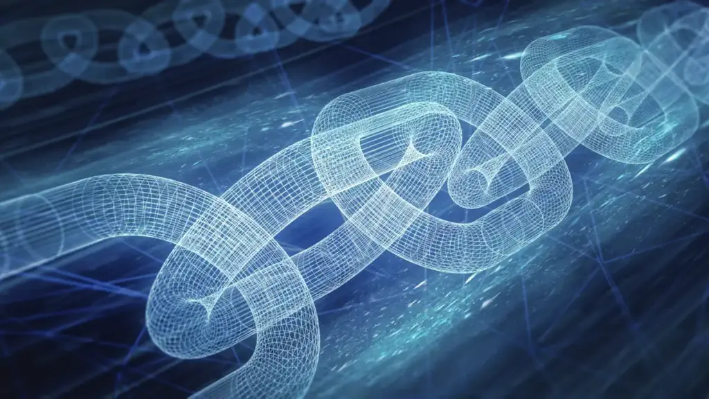Glowing digital chain links on a dark blue background, representing the cyber kill chain