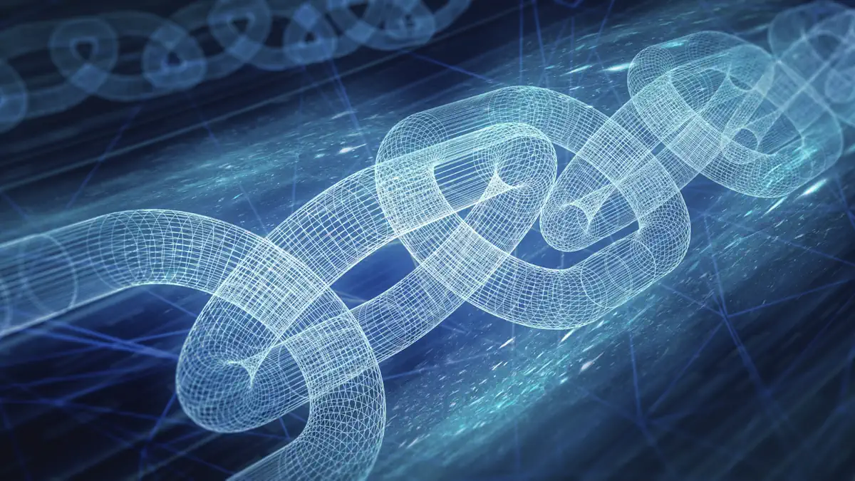 Glowing digital chain links on a dark blue background, representing the cyber kill chain