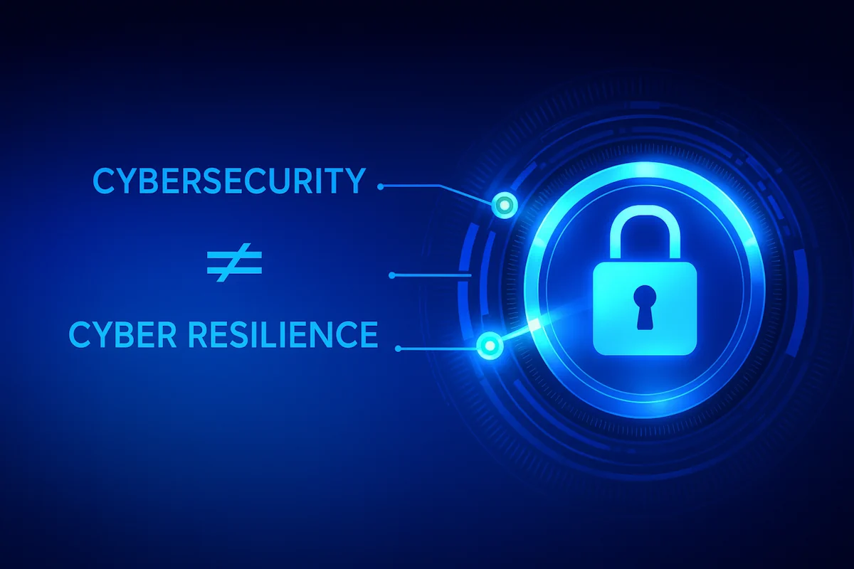 Graphic showing that cybersecurity is not the same as cyber resilience, beside a glowing padlock