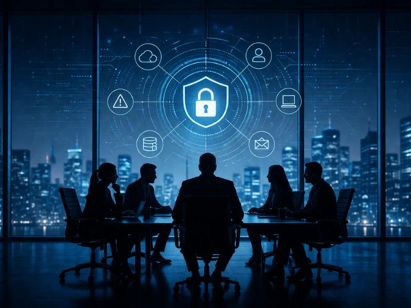 Leadership team meeting in a boardroom at night beneath a digital padlock and security icons