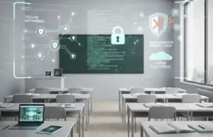 Empty classroom with digital overlays for secure networks, ransomware protection and cloud platforms around a padlock