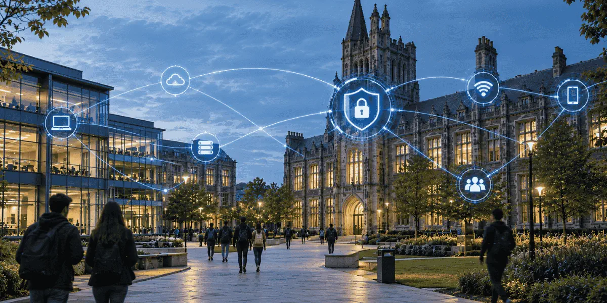 University campus connected by blue digital security lines, illustrating cyber resilience in education.