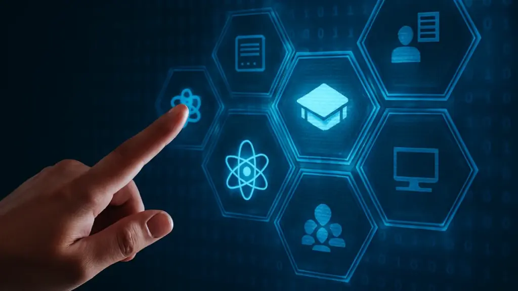 Hand touching glowing hexagon icons for education, science, users and devices on a dark blue background