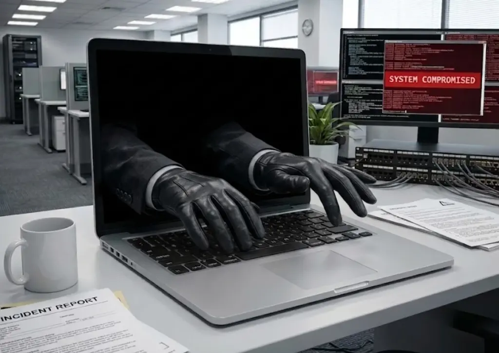 Gloved hands reaching out of a laptop in an office, with a nearby screen showing system compromised