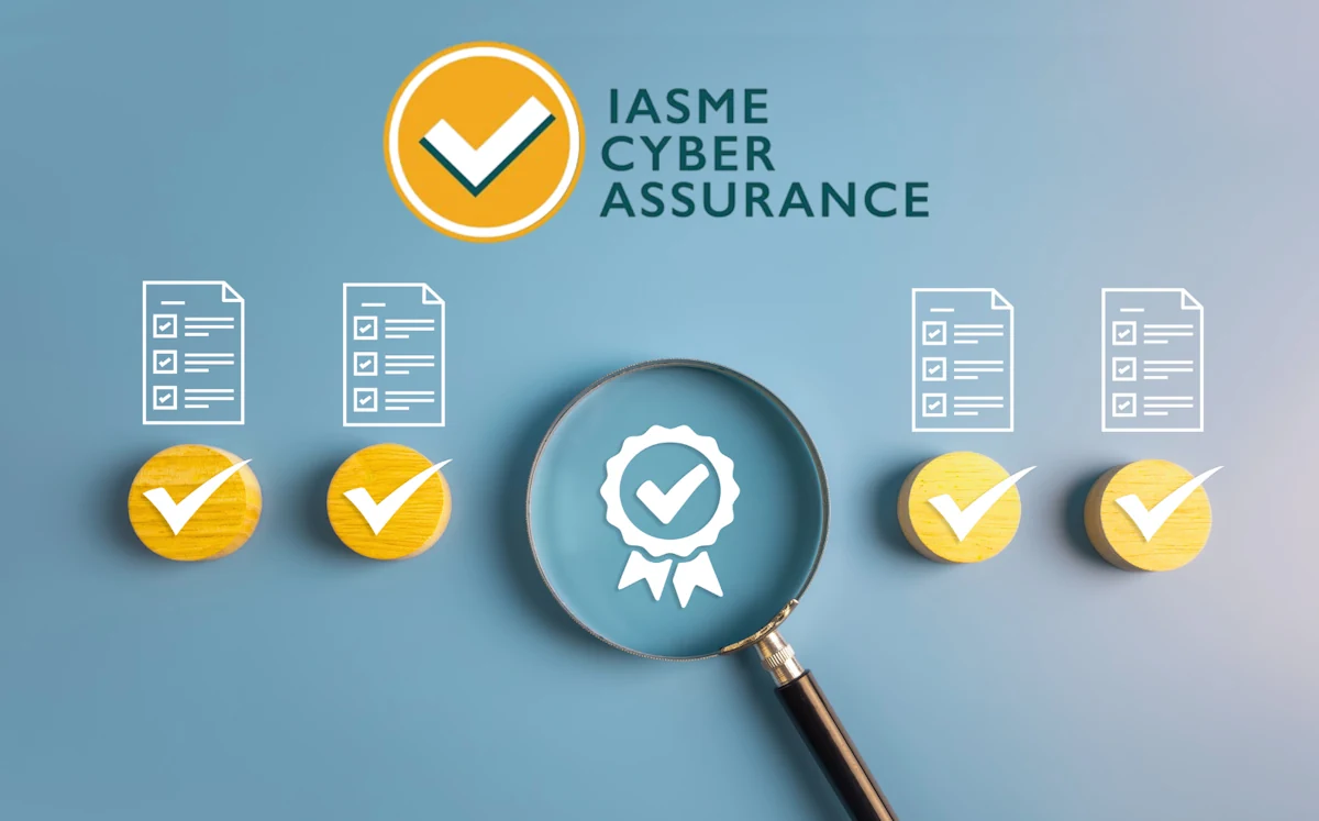 IASME Cyber Assurance logo above ticked checklists and a magnifying glass over a certification badge