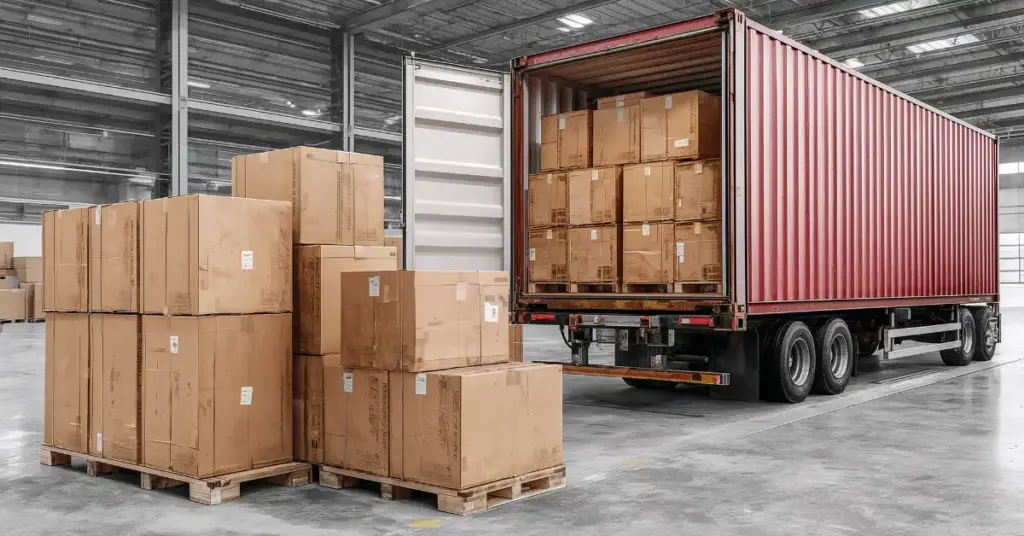 Pallets of boxes being loaded into a lorry trailer inside a warehouse