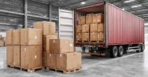Pallets of boxes being loaded into a lorry trailer inside a warehouse
