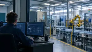 Manufacturing IT manager monitoring factory production systems and network security in an industrial environment.