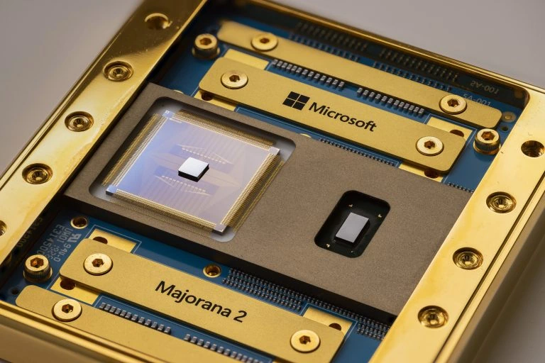 Microsoft Majorana 2 quantum computing chip mounted on a gold-plated circuit board