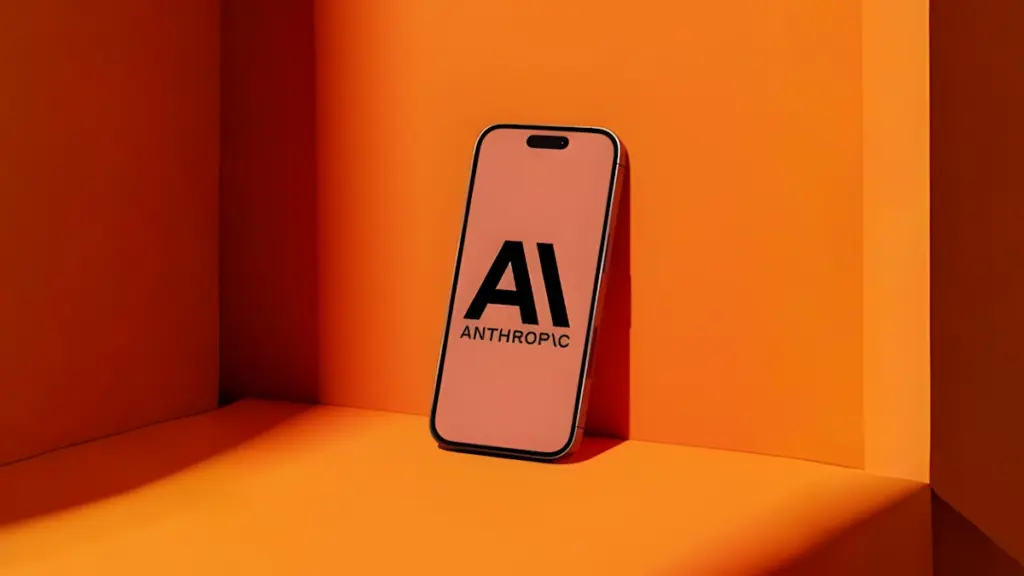 Smartphone showing the Anthropic AI logo, standing in a bright orange corner
