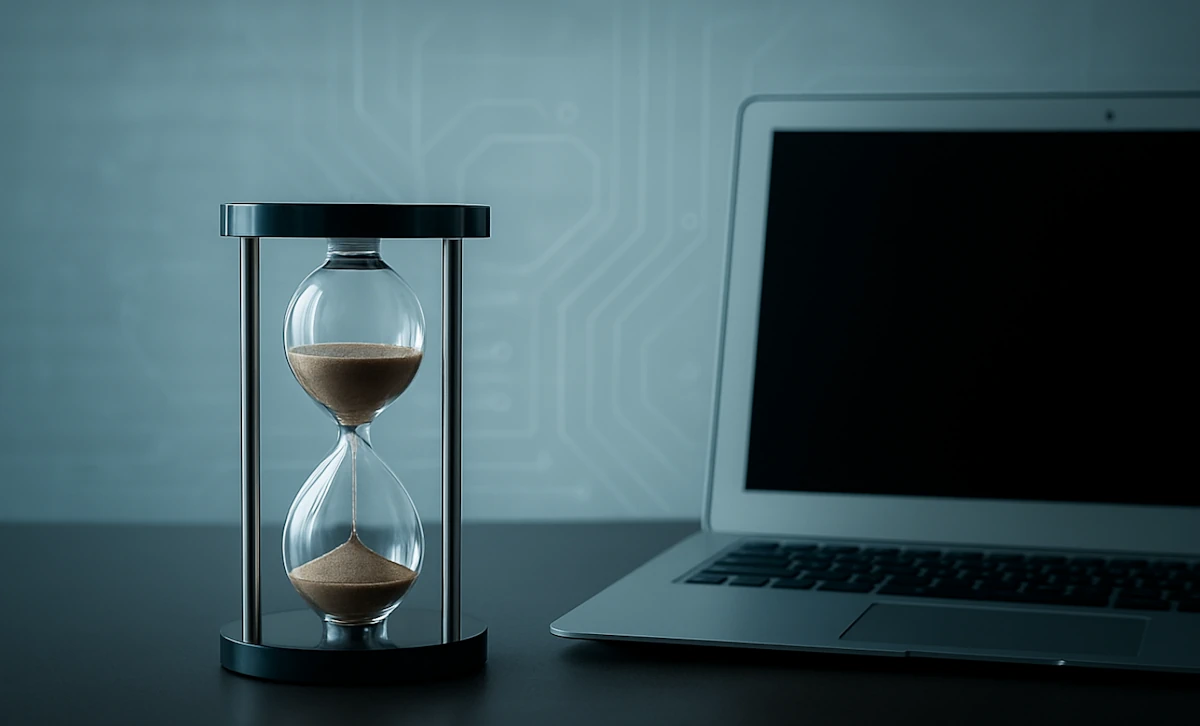 Hourglass with falling sand beside an open laptop, representing time saved on network management
