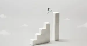 Small figure leaping across a gap from a staircase of white blocks to a taller column, representing ransomware recovery
