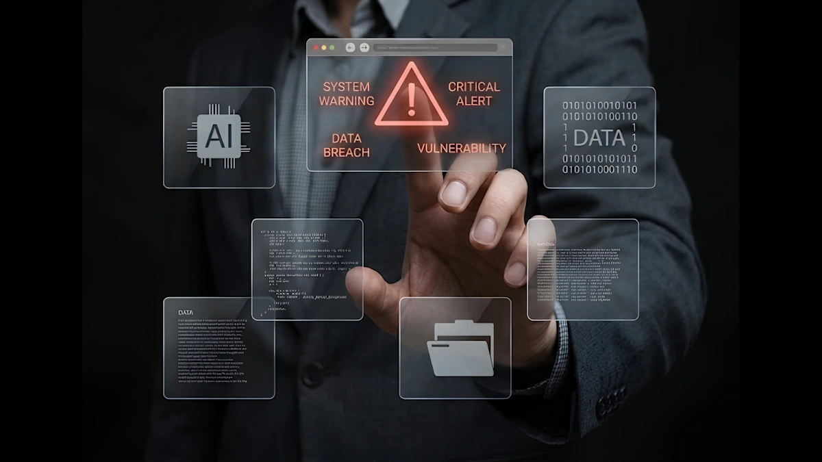 Hand touching a digital screen with AI and data icons beside a data breach and vulnerability warning