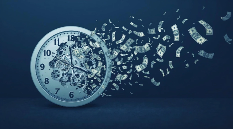 Clock breaking apart into flying banknotes, representing the cost of slow data recovery