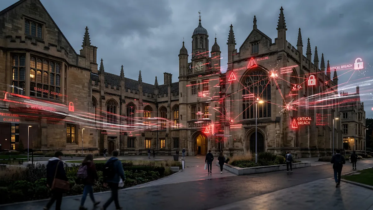 University building at dusk overlaid with red network lines and warning icons showing a cyber breach