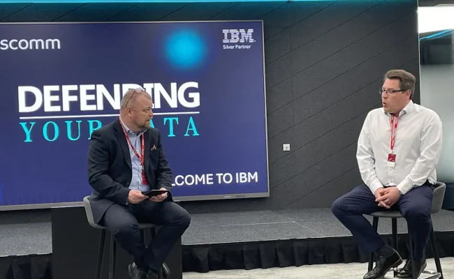 Mark Wainwright and Chris Tyler of Syscomm in a seated discussion at Defending Your Data, IBM London