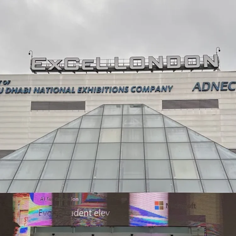 ExCeL London exhibition centre entrance with its glass pyramid roof, the venue for Bett 2026