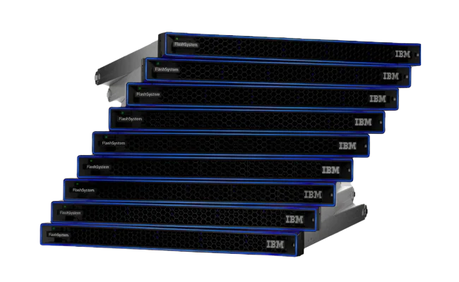 Stack of IBM FlashSystem storage units with blue edge lighting